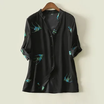

silk tops women's t-shirt black fish floral middle sleeve mulberry plus size 2020 spring summer high-quality mom fashion black