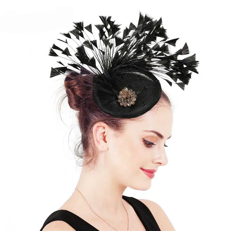 FS Vintage Blue Weddings Hat With Feather Headwear Ladies Elegant Fascinators Hats Big Flower Black Church Derby Red Hats 6