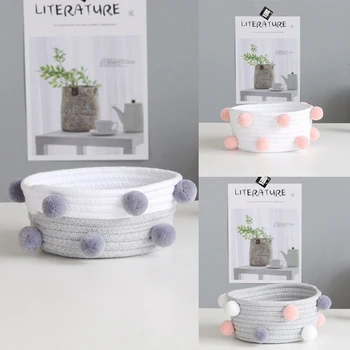 

Pompom Cotton Storage Baskets Handmade Woven Dirty Clothes Laundry Basket Desktop Sundries Organizer Hamper