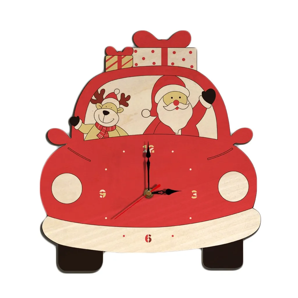 Nordic Style Numeral Wall Clock Silent Clock Wood Christmas Santa Claus Car Pattern Home Living Room Wall Christmas Decoration