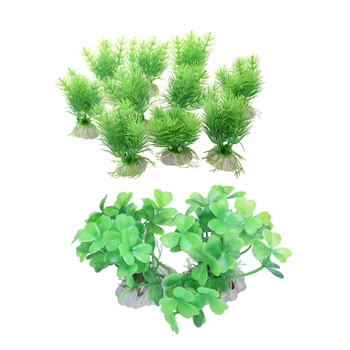 

10Pcs Green Plastic Plants Aquarium Fish Tank Decoration Ornament & 2Pcs Aquarium Landscaping Green Cloverleaf Artificial Aquati
