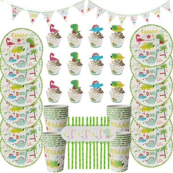 

61pcs Dinosaur Party Supplies Dinosaur Disposable Plate Cup Straws Balloons Paper Garland for Kids Boy Birthday Party Decoration