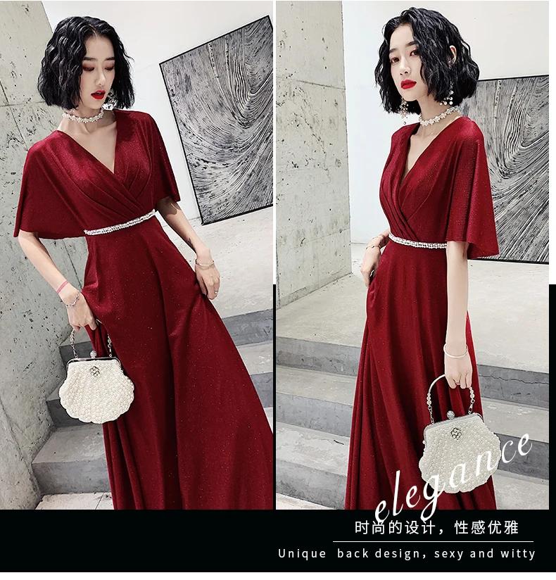 AE0154 wei yin вечернее платье с коротким рукавом с глубоким v-образным вырезом vestido de festa атласное с плиссировкой вечерние платья Robe De Soiree