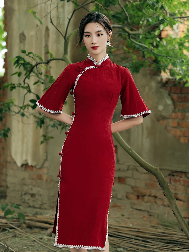 

Китайское платье, красное свадебное вечернее платье Qipao, хлопковое Ципао из пеньки, новогоднее праздничное платье Ципао, современное китайское платье