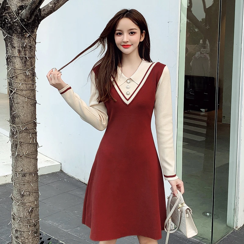 2021 Otoño e Invierno Jersey nuevo vestido Fondo Casual coreano DE longitud Vestido de punto vestido de la mujer ropa|Vestidos| - AliExpress