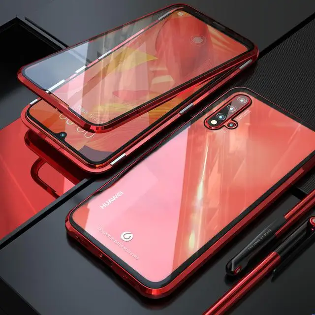 Металлический магнитный адсорбционный чехол для huawei Nova 5 Pro Чехол из закаленного стекла Передняя Задняя крышка для huawei Nova 5i Чехлы бампер - Цвет: Красный