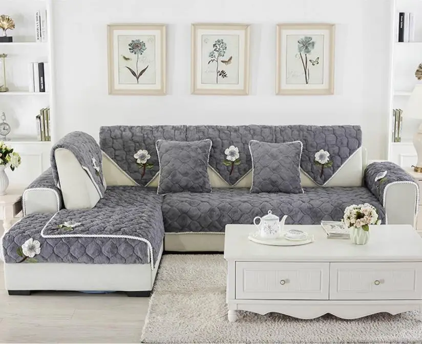 Gray DIY Цветочный плюшевый чехол на диван толстые противоскользящие чехлы для диванов для гостиной твердый угловой чехол для дивана секционные чехлы чехол для сиденья - Цвет: Gray