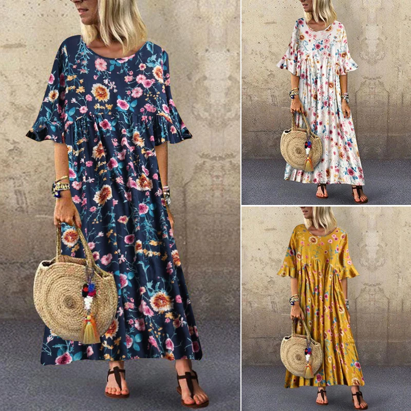 Skup Artystyczny nadruk sukienka kobiety Sundress 2019 ZANZEA kobieta lato kwiatowy wzburzyć Vestido kobieta dorywczo pół rękawa Party długa suknia 5XL