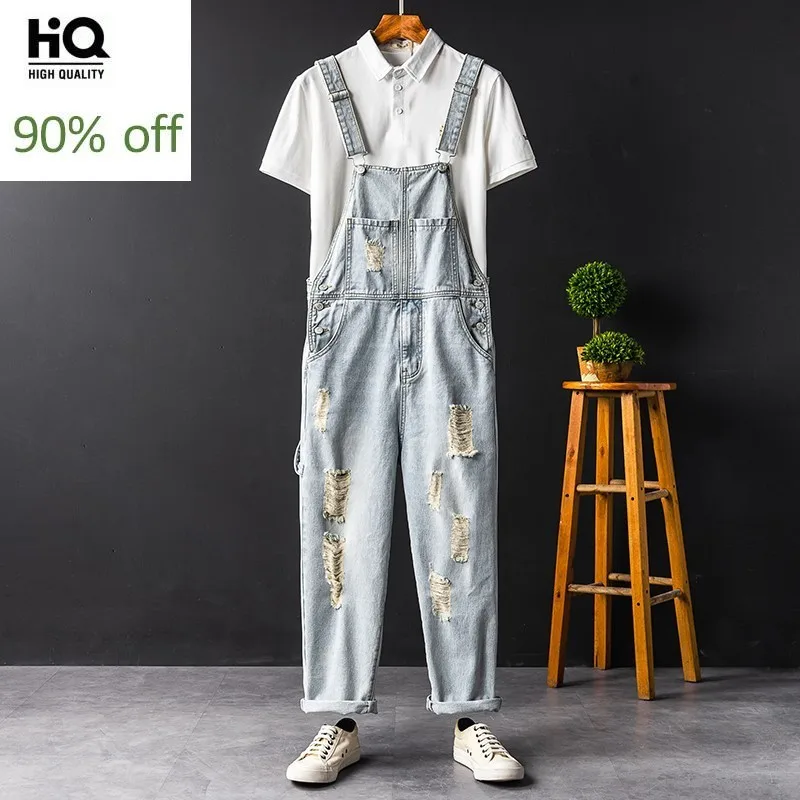 

Japan Style Vintage Men Denim Jumpsuits Summer New Casual Ripped Hole Beggar Jeans High Street Light Blue Cowboy Overalls S-2XL