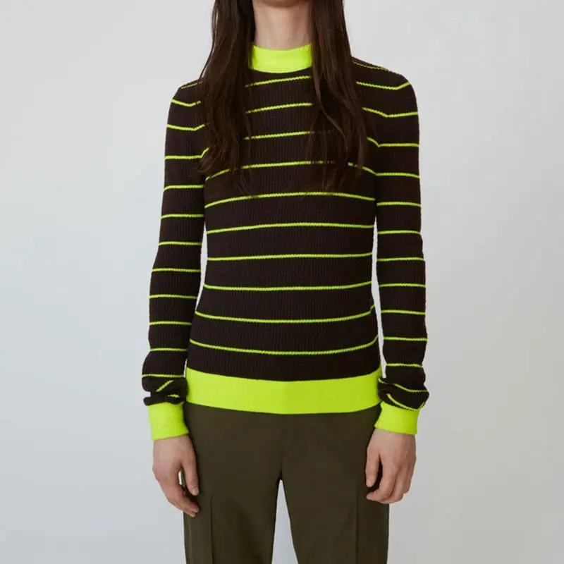 

Long Sleeve Knit Sweaters Runway 2019 Autumn Winter Wool Blend Striped Pullovers