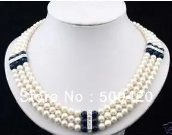 Free ShippingCultured White Freshwater Pearl& Black Jade necklace 7-8MM