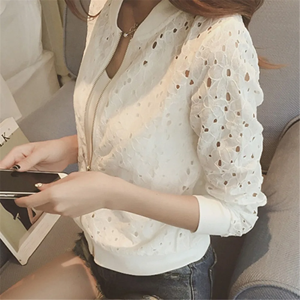 

2019 New Spring Summer Lace Hollow Out Jackets Casual Slim Women Thin Jacket Lady Plus Size white black Sun protection clothing