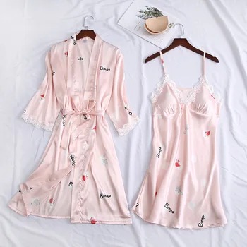

2020 Women's Pajamas Spring New Silk Robe And Gown Sets Sexy Lace Backless Pijamas 2Pcs Sleepwear Nightwear Home Clothes