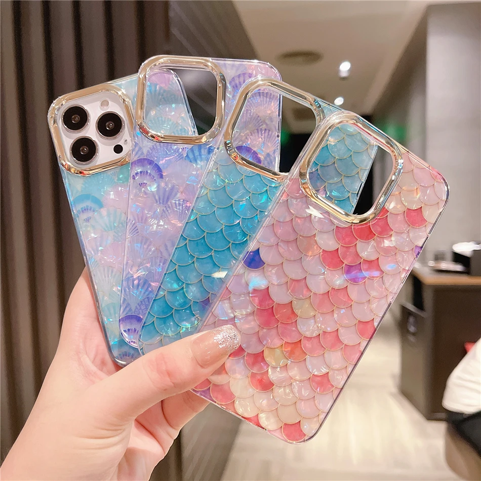 Cute Colorful Mermaid Scales Rainbow Shell Flower Phone Case for iPhone 14 11 12 13 Pro XS Max XR X 7 8 Plus SE 22 Silicon Cover