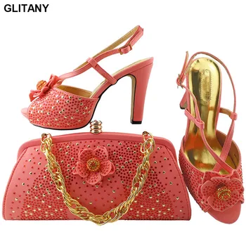 

Coral Color Italy Shoes and Bag Set Decorated with Appliques Ladies Matching Shoes and Bag Set for Party African Wedding Shoes