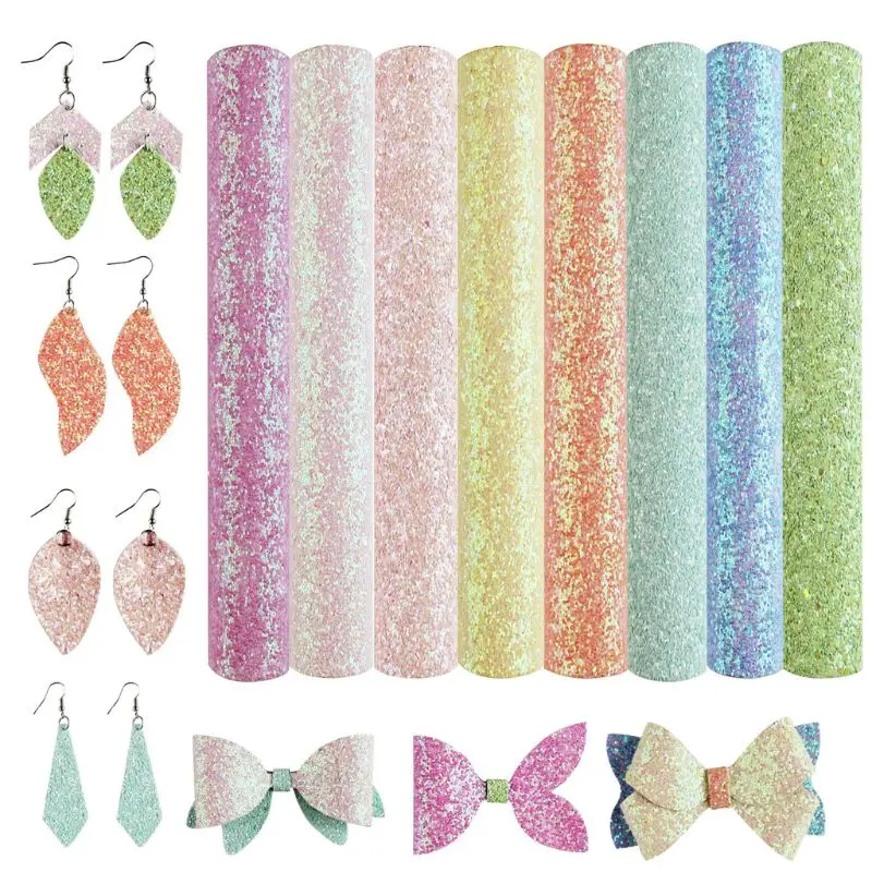 

8Pcs Shiny Glitter Sequins Fabrics Leather Sheet PU Faux Leather Kit Earrings Hair Bows Clips DIY Crafts Jewelry Making