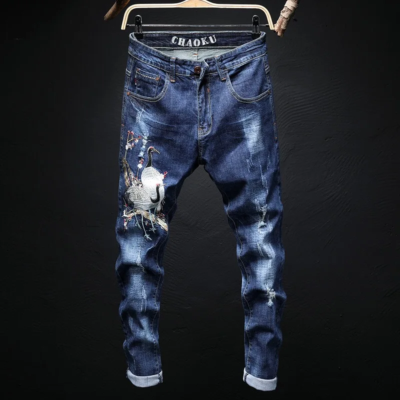 Новые модные мужские джинсы с эластичной вышивкой обтягивающие мужские джинсы