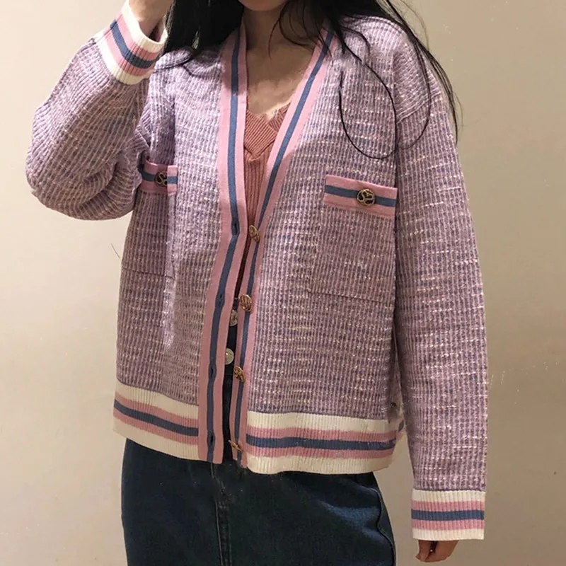 

2020 Spring New V Neck Woolen Knitted Cardigan Women Loose Outerwear Knitted Sweater Jacket Coat Female