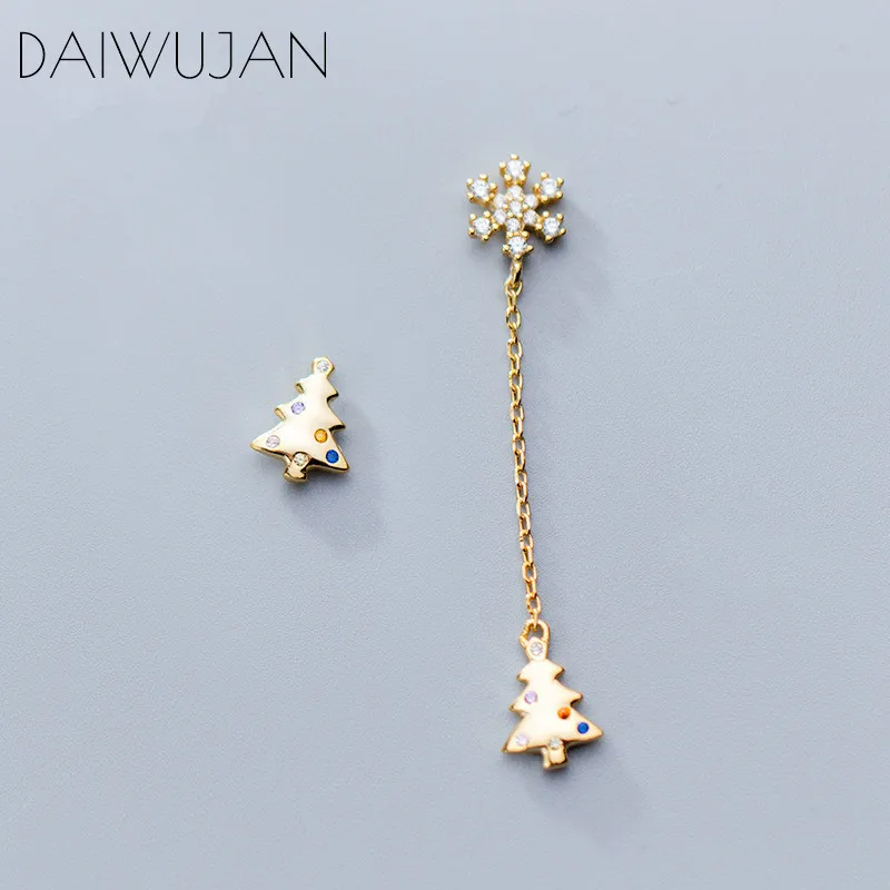 

DAIWUJAN New 100% 925 Sterling Silver Asymmetric Christmas Tree Drop Earrings For Women Crystal Snowflake Earring Jewelry Gift