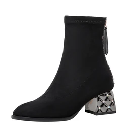 Fashion All-Match Round Toe Comfortable Flock Ankle Boots Thick Heel Metal Decorative Stretch Shoes Sequined Zipper Short Boots