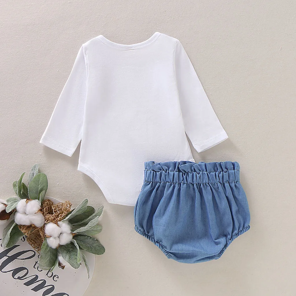 Белая футболка; джинсы для маленьких девочек; комплект одежды для новорожденных девочек; хлопковая одежда для новорожденных девочек;#2P4