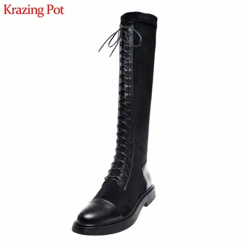 

Krazing Pot fashion star lace up riding boots cow leather stretch round toe med heels winter warm women thigh high boots L18