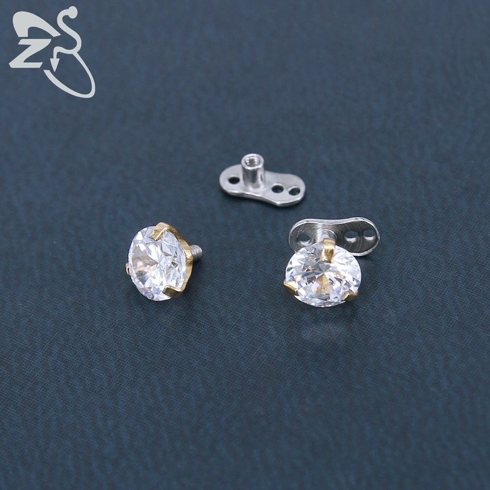 Body Piercing Jewelry ZS 2Pcs/lot CZ Crystal Round Skin Diver Dermal Piercings 316L Stainless Steel Micro Dermal Anchor