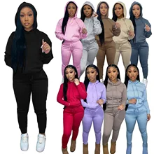 

Thicken Fleece Hoodie Two-piece Set Women Solid Hoodie +Sexy Stacked Sweatpants Sports Jogger Suit Bulk Item In Wholesale Lots
