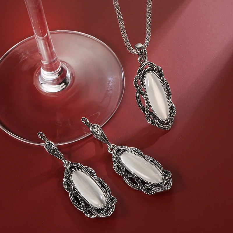 Wbmqda Bohemian Big Opal Stone Earrings Necklace Boho Jewelry Sets Vintage Tibetan Silver Black Crystal Earrings for Women jewelry sets jewelry set women earrings chain necklace