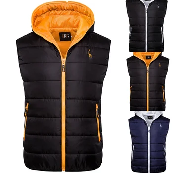 

New Giraffe Winter Autumn Sleeveless Jacket Orange Hat Mens Hooded Vests Padded Men Outerwear Casual Slim fit Waistcoat for Mens