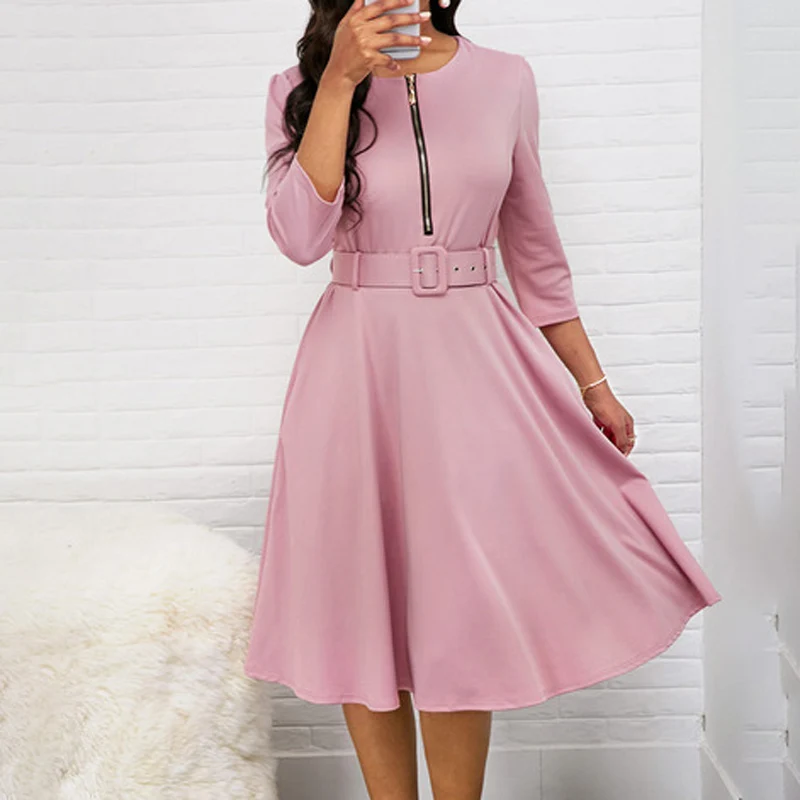 Women Vintage Dress Ladies Party Knee Length Fashion A Line Plus Size Half Sleeve V Neck Solid Swing Dress Office Work Wear