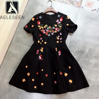 

AELESEEN 2020 Women Summer Dress Vintage Sequined Runway Fashion Butterfly Pattern Black Dress Mini Holiday Sweety Party Dress
