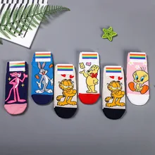 Носки с принтом с птицами из мультфильмов; милые женские хлопковые носки с леопардовым принтом Гарфилда; повседневные удобные спортивные осенние модные корейские носки