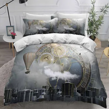 

Clock Timepiece Bedroom Decor Bedding Set Mens Gift Doona Sky City Building Microfiber 1PC Duvet Cover with Pillowcases