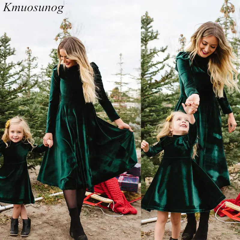 Herbstliches Mutter-Tochter-Kleid, einfarbig, langärmelig, passende Familien-Outfits