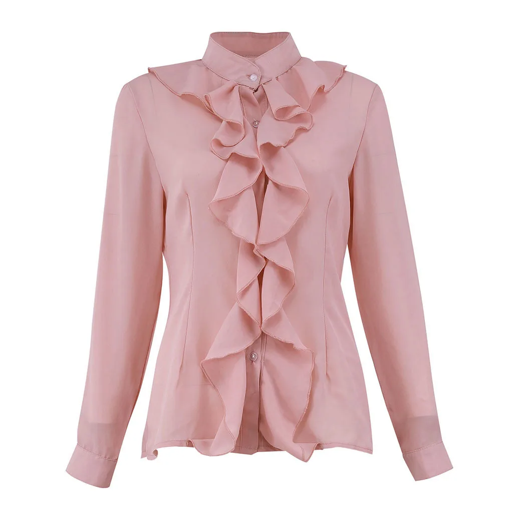 Осенняя Женская Элегантная Модная рубашка для отдыха женская Стильная блузка однотонная с оборками дизайн с длинным рукавом Повседневная блузка