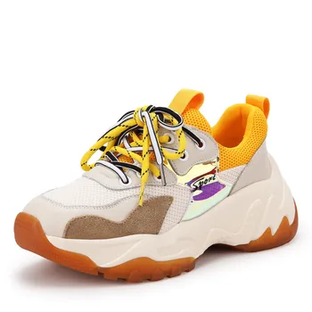

New Genuine Leather Ms Lacing Sneakers 2019 Spring Autumn Fashion Color Matching Mesh Thick Bottom Comfortable Casual Shoes