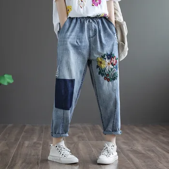 

2020 Summer Flower Embroidery High-waisted Cotton Jeans Women's Loose Ankle Lenght Pants Female Free Size Vintage Trousers