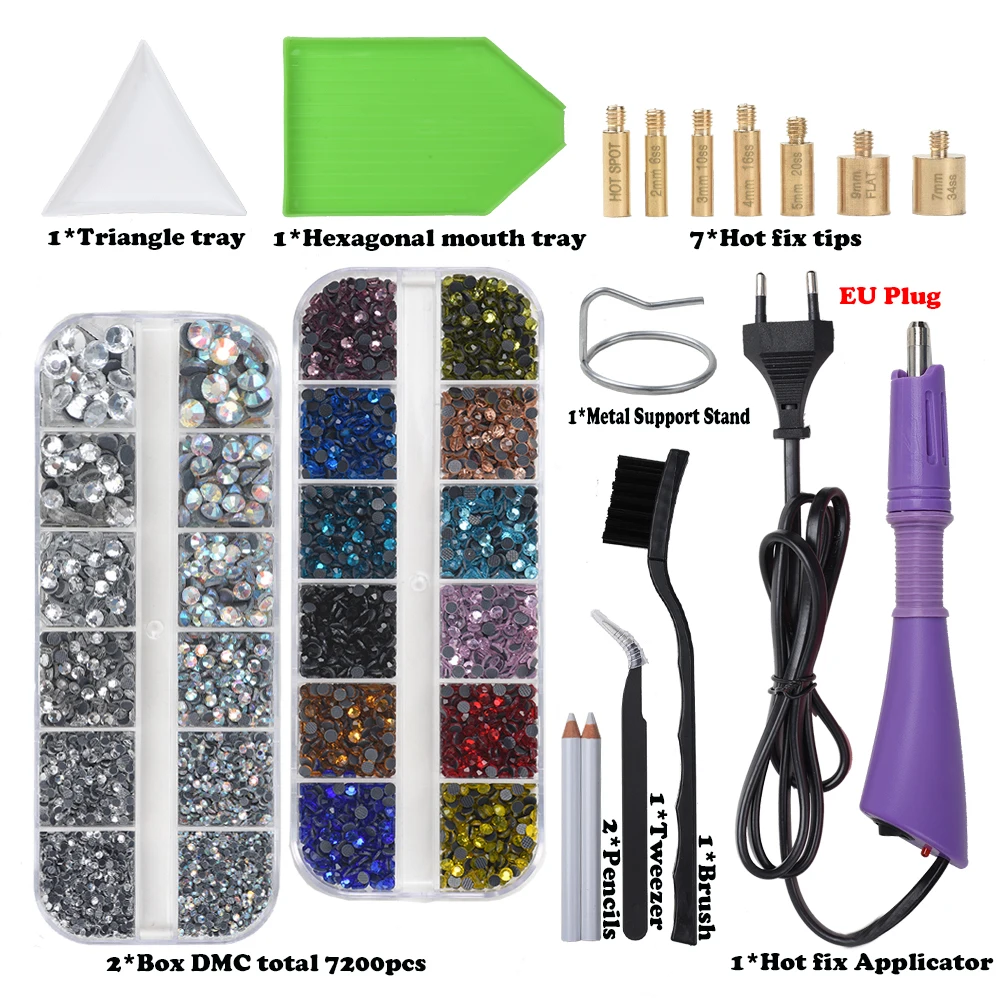 Hot Sale 2 Boxs7200pcs Flatback Hot Fix Rhinestones/Iron-on Wand Strass Hotfix Applicator/Crystal Glass Hot Fix Rhinestone Set