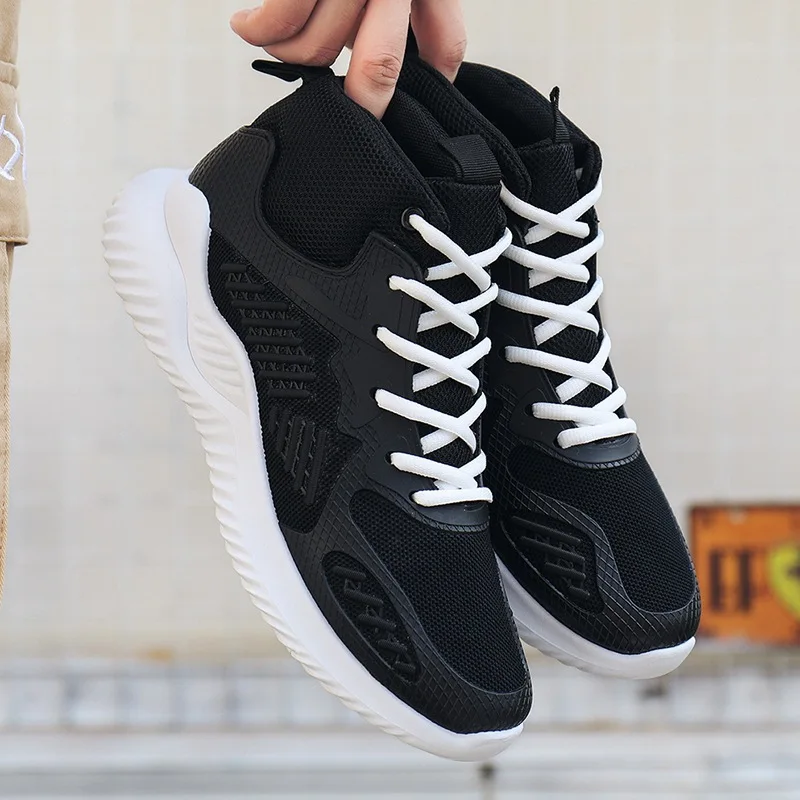 Черный Модная мужская обувь с высоким берцем мужские кроссовки унисекс черные белые высококачественные дышащие Нескользящие мягкие Flyknit мужские повседневные туфли - Цвет: Черный