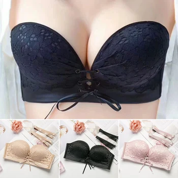 

Women Invisible Backless Push Up Bra Sexy Strapless Breathable No Steel Ring Soft 3/4 Cup Brassiere Black/Pink/incarnadine #734