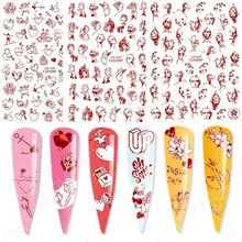 

3D Holographic Nail Sticker Decal Red Geometry Line Abstract Face Heart Rose Letter Winter Slider Decoration Nail Design 2021