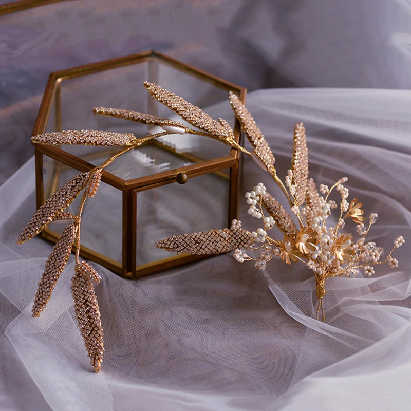 

Gold Leaf Tiara Rhinestone Crown Diadema Wedding Headband Women Hair Jewelry Pearl Beads Hair Ornament