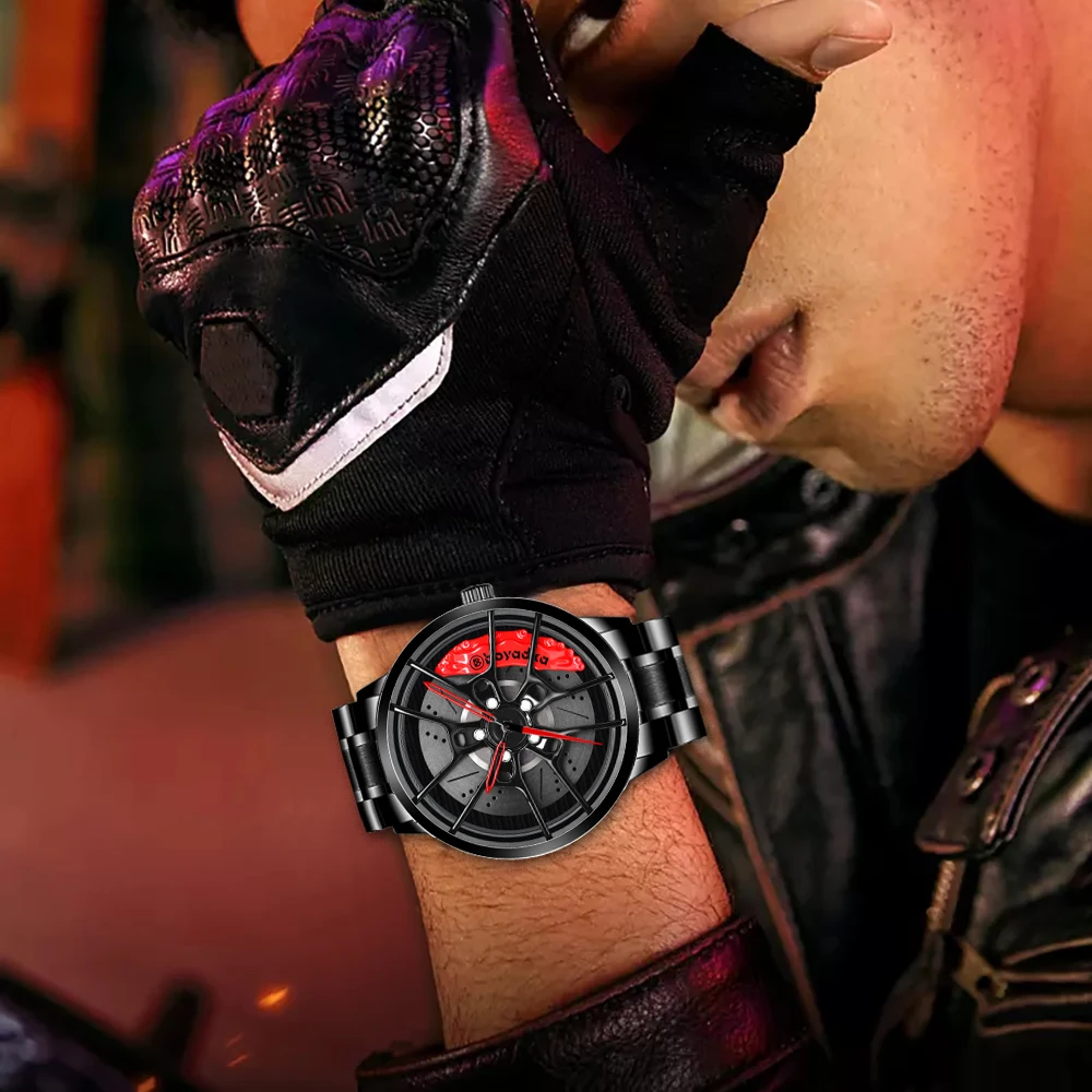 2021 Men Sports Watch Car Wheel Wrist Watch Fashion 3D Auto Racing Watch Designed Wristwatch Stainless Steel Strap Waterproof