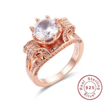 

Real Solid 100% 925 Sterling Silver & Rose gold Wedding Ring Luxury Lotus flower 4ct Diamond Rings for Women Jewelry