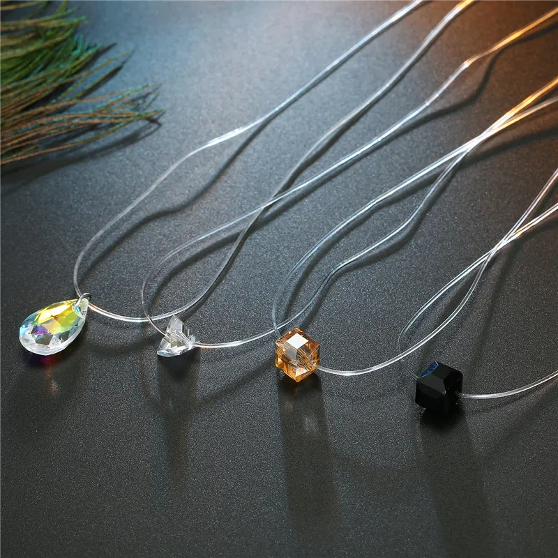 Модное прозрачное ожерелье в форме капли, серебряная невидимая цепочка, ожерелье с подвеской, стразы, колье