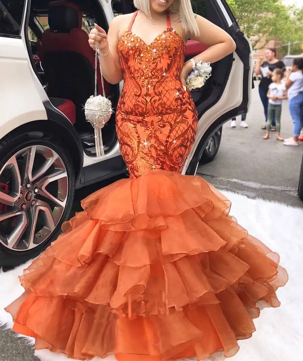orange sparkly prom dress