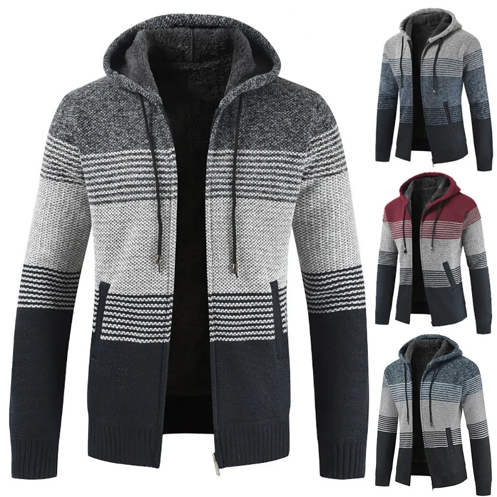 Cárdigan de manga larga para hombre, chaqueta con capucha a rayas con cremallera, prendas de vestir, Tops, suéter con cuello redondo empalme, abrigos, chaqueta de invierno