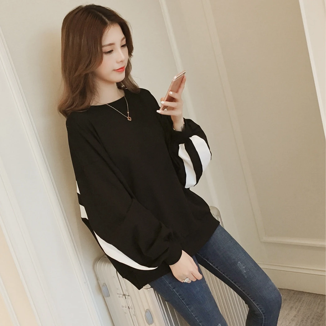 

Casual Loose 2019 New Lazy Slouch Sweatshirts Autumn Korean Ins Style Pullovers Top Female Long Sleeve Striped Sweatshirt Femme