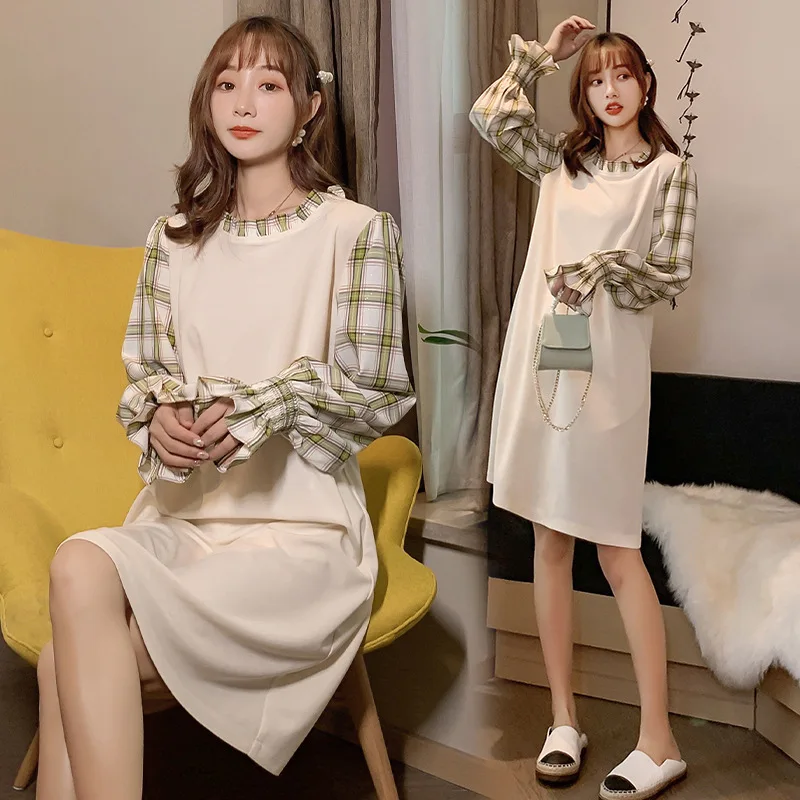 

2020 Spring Plaid Stitching Vintage Mock Two-Piece Dress Fashion Mom Loose And Plus-sized Pregnant Women Dress